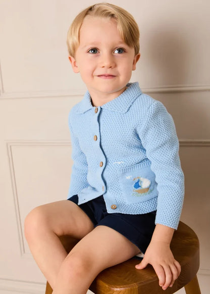 Nautical Boat Embroidery Polo Collar Cardigan in Sky Blue (12mths-6yrs) KNITWEAR from Pepa London