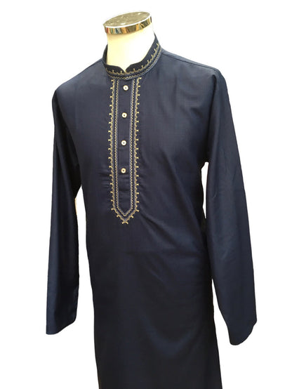 Navy Blue - Cotton  Mens Kurta Set with Thread Embroidery- Sangeet Mehendi Haldi - KCS1038 KV 1123