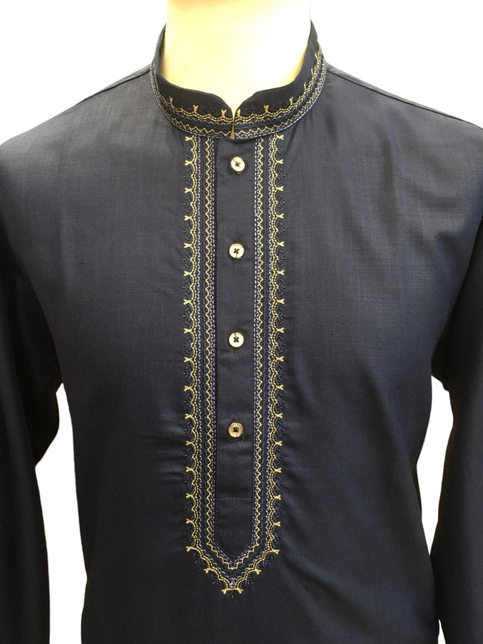 Navy Blue - Cotton  Mens Kurta Set with Thread Embroidery- Sangeet Mehendi Haldi - KCS1038 KV 1123