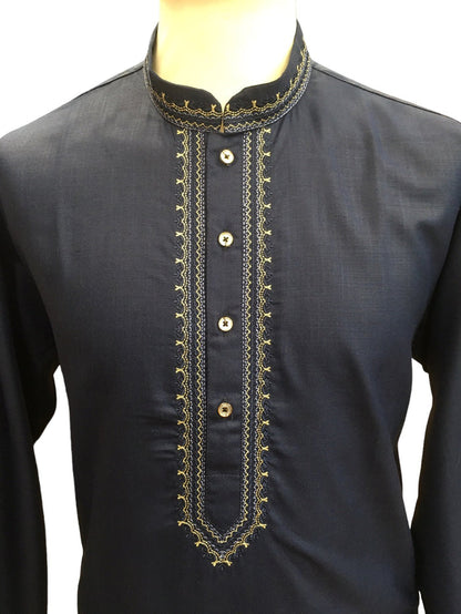 Navy Blue - Cotton  Mens Kurta Set with Thread Embroidery- Sangeet Mehendi Haldi - KCS1038 KV 1123