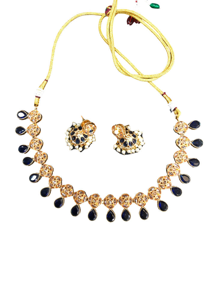 Navy Blue - Medium Size Gold Finish Necklace Set with Earrings - TOH2403  Cp 0424