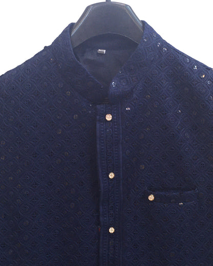 Navy Blue - Rich Lucknowi Sequins Mens Waistcoat - Bollywood - KCS4009 VY 0324