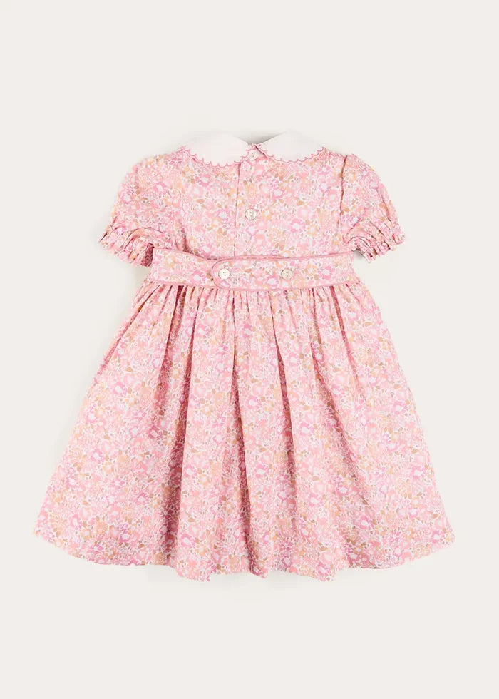 Nellie Floral Hand Smocked Embroidered Peter Pan Collar Dress in Pink (12mths-10yrs) DRESSES from Pepa London