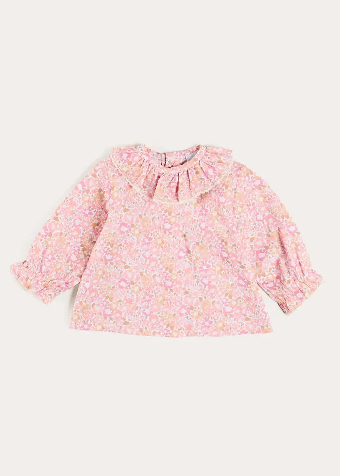 Nellie Floral Ruffle Collar Long Sleeve Blouse in Pink (1mth-12mths) BLOUSES from Pepa London