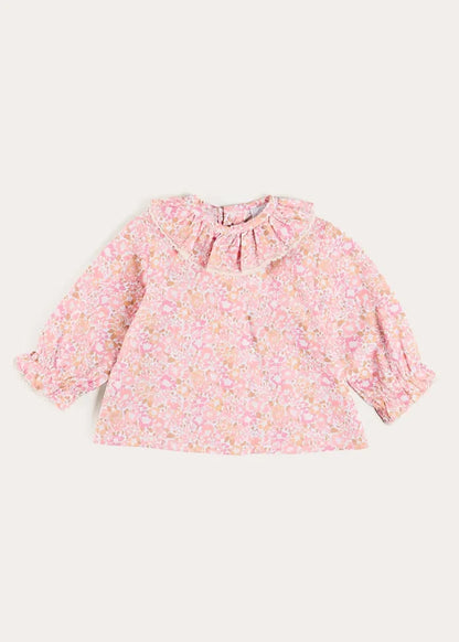 Nellie Floral Ruffle Collar Long Sleeve Blouse in Pink (1mth-12mths) BLOUSES from Pepa London