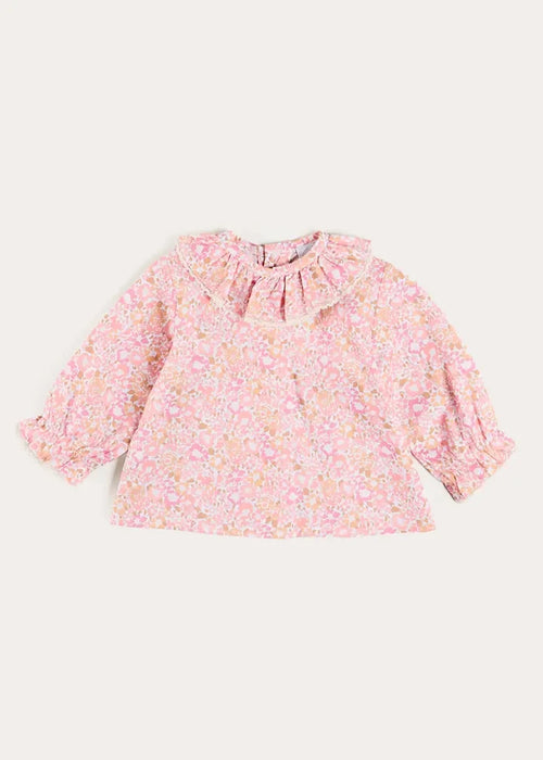 Nellie Floral Ruffle Collar Long Sleeve Blouse in Pink (1mth-12mths) BLOUSES from Pepa London