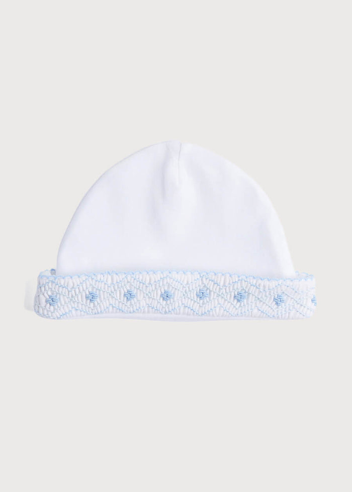 Newborn Hat with Blue Hand Smocked Detail (0-3mths) ACCESSORIES from Pepa London