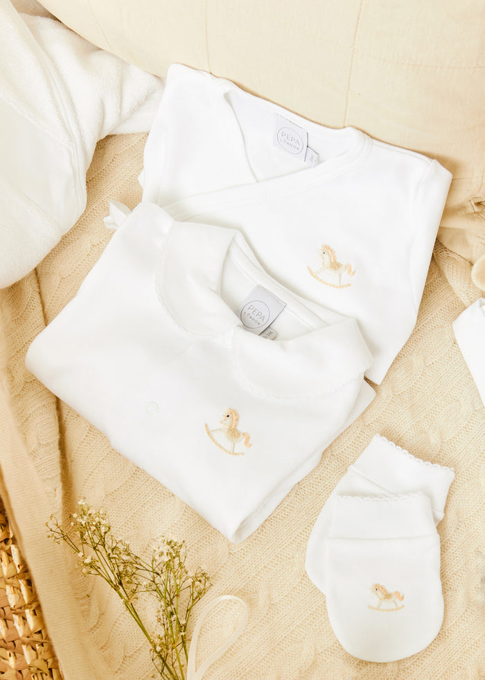 Newborn Mittens with Rocking Horse Embroidery Beige (1-3mths) ACCESSORIES from Pepa London