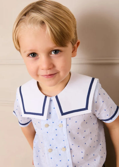 Noah Check Mariner Collar Double Breasted Shirt in Blue (18mths-6yrs) SHIRTS from Pepa London