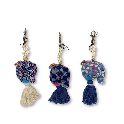 Oasis Batik Elephant Keychain with Shells and Tassel | Handmade Zipper Pull | Thailand