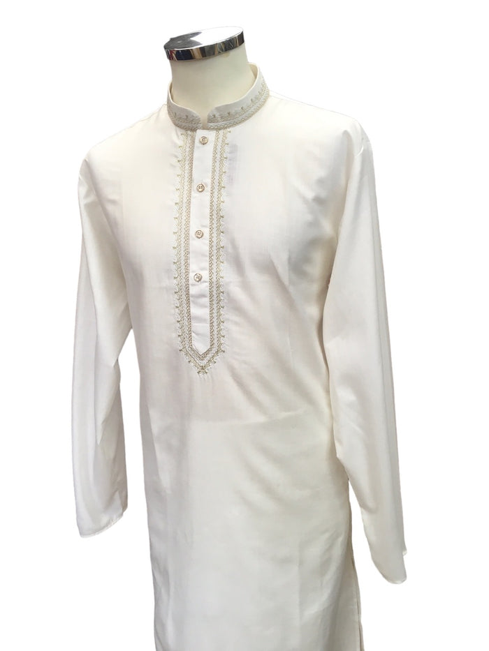 Off White / Cream - Cotton  Mens Kurta Set with Thread Embroidery- Sangeet Mehendi Haldi - KCS1038 KV 1123
