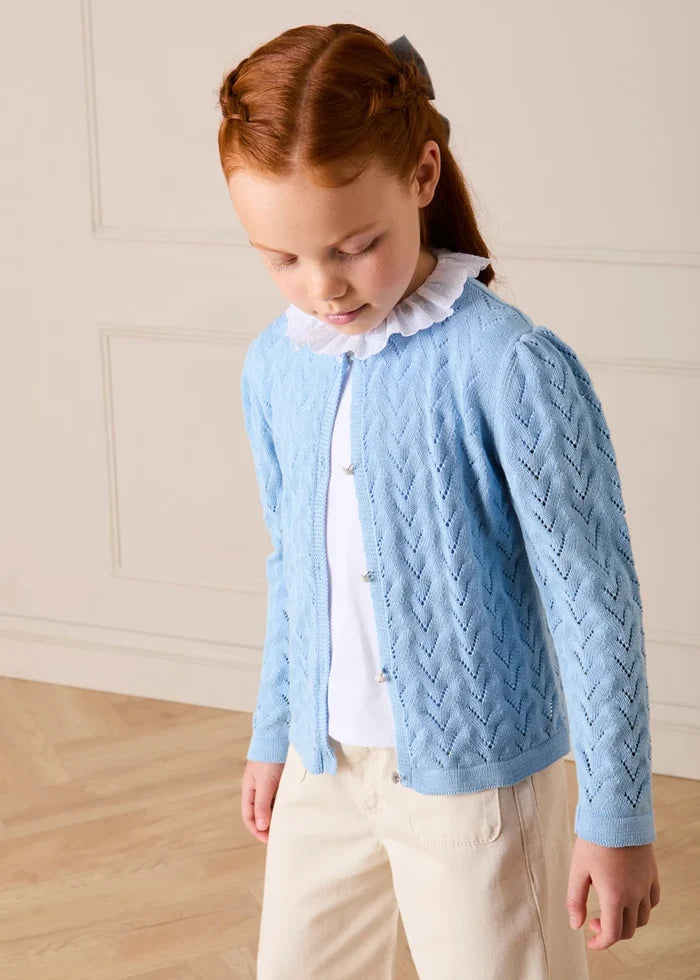 Openwork Cotton Cardigan in Sky Blue (2-10yrs) KNITWEAR from Pepa London