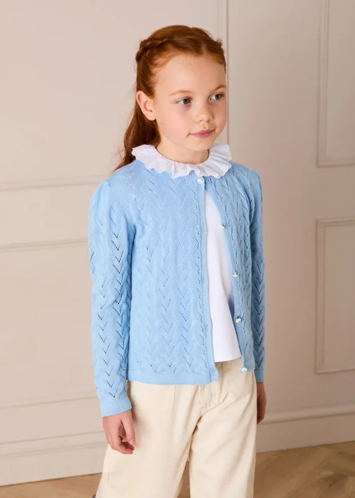 Openwork Cotton Cardigan in Sky Blue (2-10yrs) KNITWEAR from Pepa London