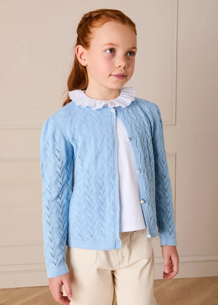 Openwork Cotton Cardigan in Sky Blue (2-10yrs) KNITWEAR from Pepa London