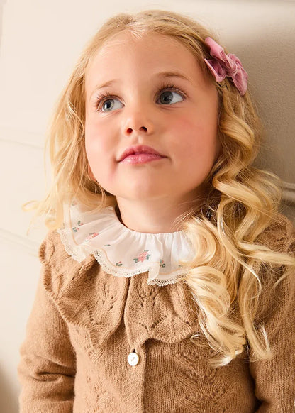 Openwork Knitted Ruffle Collar Cardigan in Camel (3-10yrs) Knitwear from Pepa London