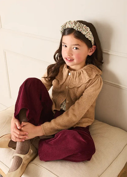 Openwork Knitted Ruffle Collar Cardigan in Camel (3-10yrs) Knitwear from Pepa London