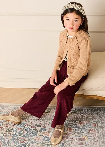 Openwork Knitted Ruffle Collar Cardigan in Camel (3-10yrs) Knitwear from Pepa London