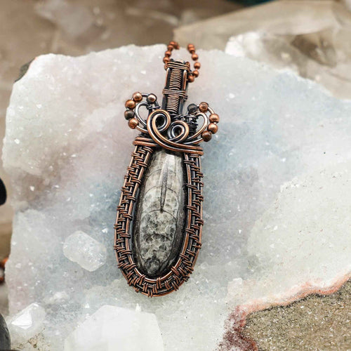 Orthoceras Fossil Crystal Wire Wrap Pendant Copper
