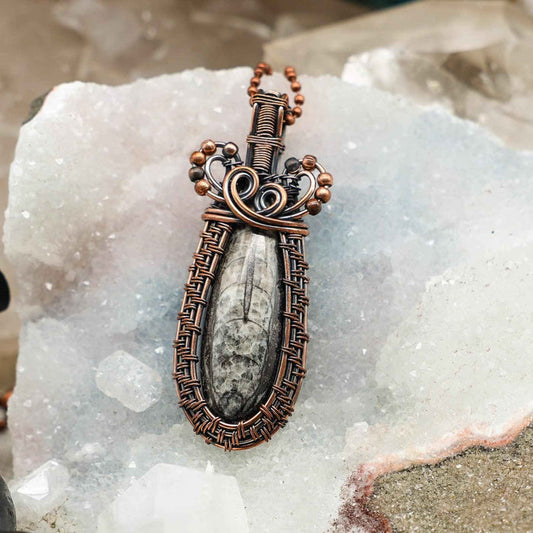 Orthoceras Fossil Crystal Wire Wrap Pendant Copper