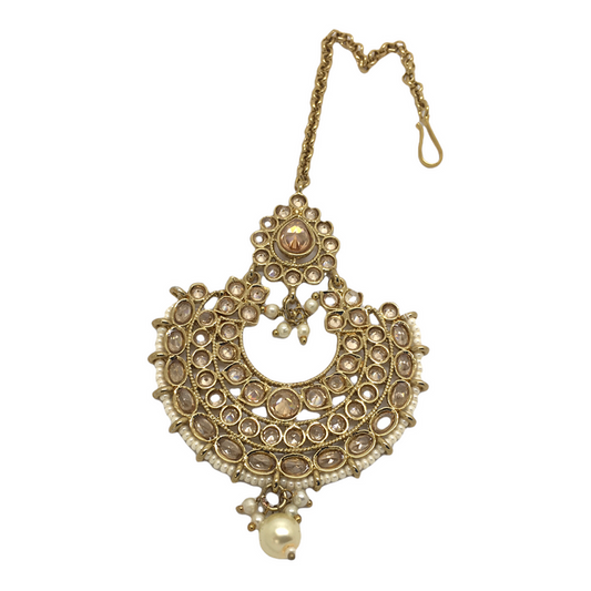 Pearl - Gold Finish Tika Head Piece - Indian Ladies Fashion Jewellery - PRI1628V 1221