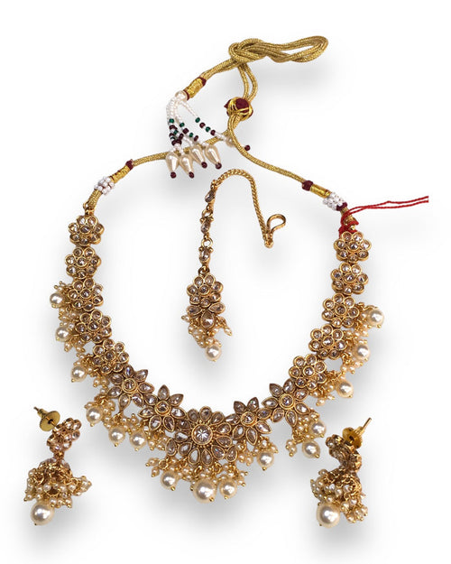 Pearl / Neutral - Medium Size Necklace Set with Earrings - SLV13KJ 0822
