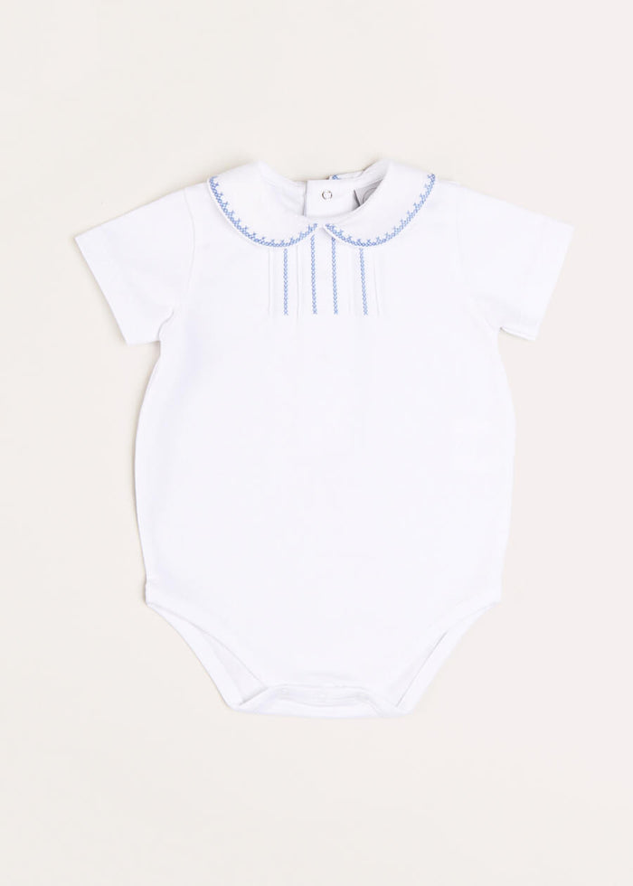 Peter Pan Collar Embroidered Detail Short Sleeve Bodysuit in Blue (1mths-3yrs) TOPS & BODYSUITS from Pepa London