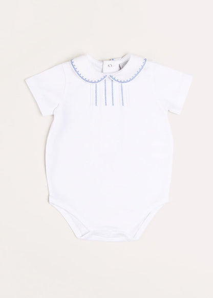 Peter Pan Collar Embroidered Detail Short Sleeve Bodysuit in Blue (1mths-3yrs) TOPS & BODYSUITS from Pepa London