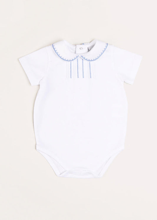Peter Pan Collar Embroidered Detail Short Sleeve Bodysuit in Blue (1mths-3yrs) TOPS & BODYSUITS from Pepa London