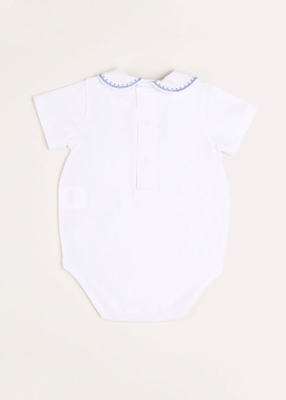 Peter Pan Collar Embroidered Detail Short Sleeve Bodysuit in Blue (1mths-3yrs) TOPS & BODYSUITS from Pepa London