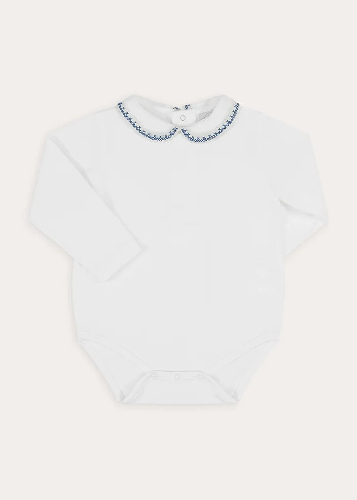 Peter Pan Collar Embroidered Long Sleeve Bodysuit in Blue (6mths-3yrs) Tops & Bodysuits from Pepa London