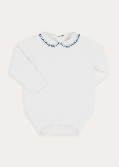 Peter Pan Collar Embroidered Long Sleeve Bodysuit in Blue (6mths-3yrs) Tops & Bodysuits from Pepa London