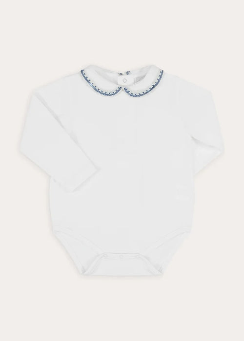Peter Pan Collar Embroidered Long Sleeve Bodysuit in Blue (6mths-3yrs) Tops & Bodysuits from Pepa London