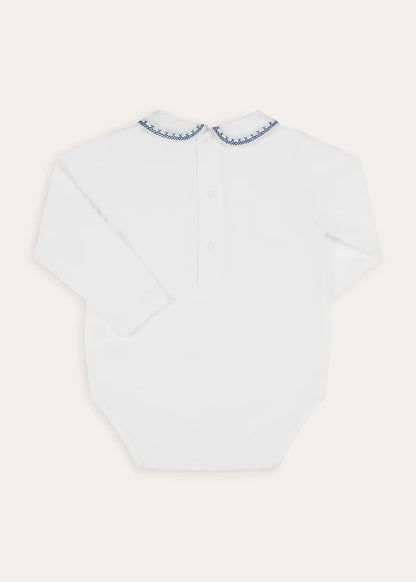 Peter Pan Collar Embroidered Long Sleeve Bodysuit in Blue (6mths-3yrs) Tops & Bodysuits from Pepa London