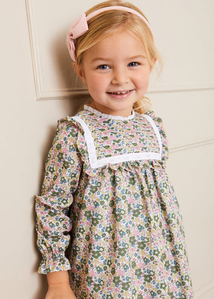 Emilia Floral Print Pleated Front Long Sleeve Dress in Green (18mths-10yrs) DRESSES from Pepa London