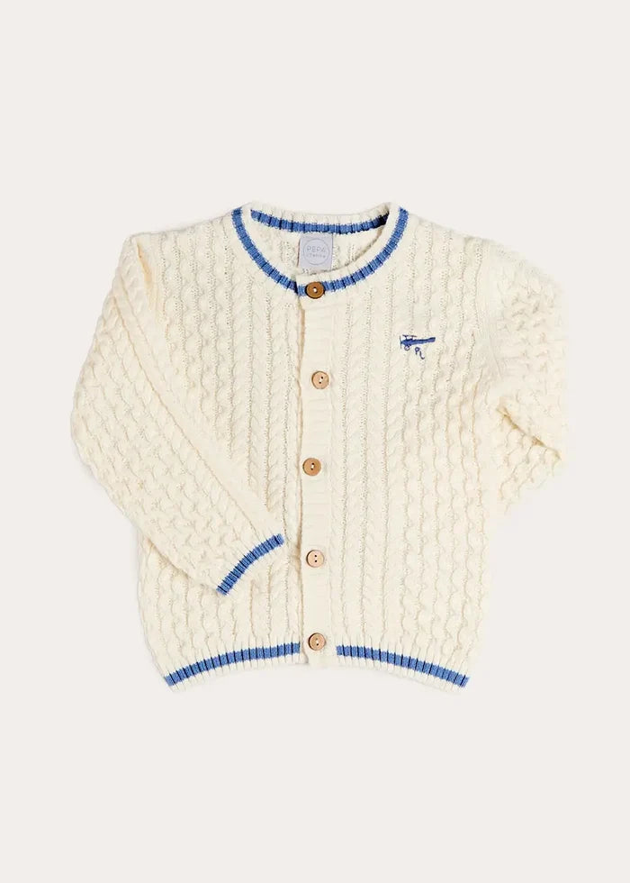 Plane Embroidered Cable Knit Cardigan in Cream (12mths-6yrs) KNITWEAR from Pepa London