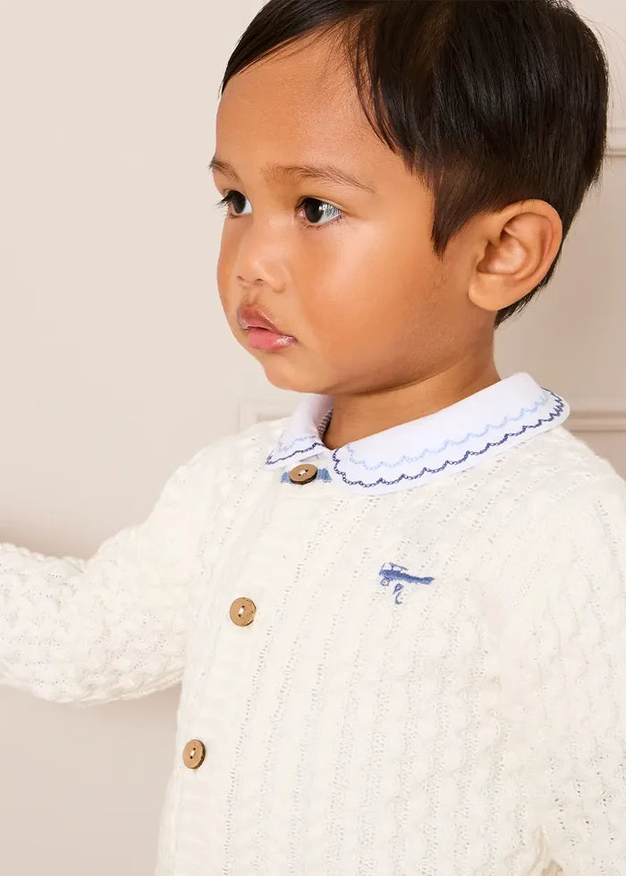 Plane Embroidered Cable Knit Cardigan in Cream (12mths-6yrs) KNITWEAR from Pepa London