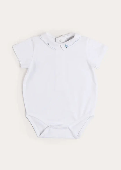 Plane Embroidery Short Sleeve Bodysuit in White (3mths-3yrs) TOPS & BODYSUITS from Pepa London
