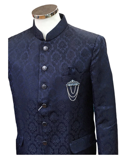 PREMIUM Slim Fit Mens Navy Blue Self Brocade BandhGala / Prince / Chinese Collar Jacket - Fantastic Fit - CS2411 TP 0524