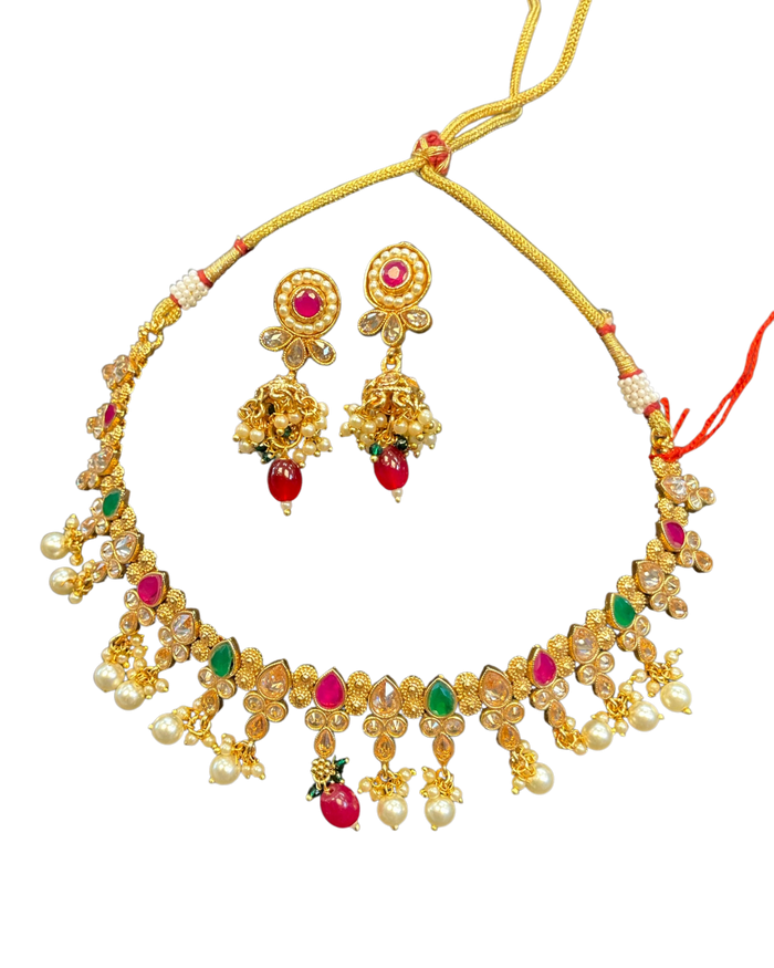 Red / Green - Medium Size Necklace Set with Earrings - SLV11KV 0822