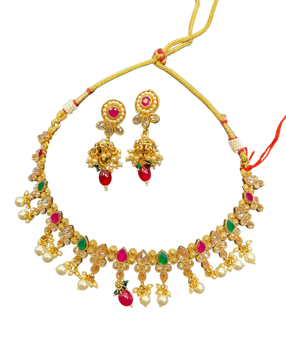 Red / Green - Medium Size Necklace Set with Earrings - SLV11KV 0822