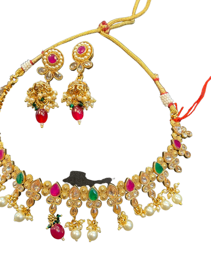 Red / Green - Medium Size Necklace Set with Earrings - SLV11KV 0822