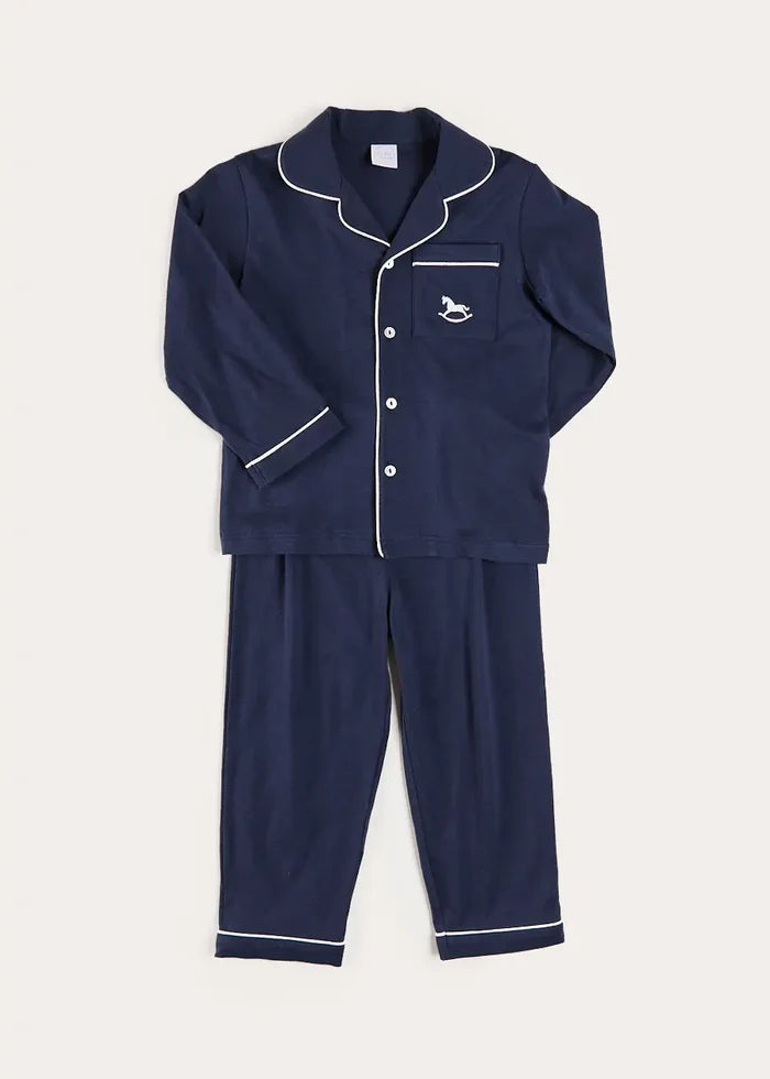 Rocking Horse Embroidered Pocket Detail Long Sleeve Pyjamas in Navy (18mths-10yrs) NIGHTWEAR from Pepa London