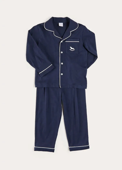 Rocking Horse Embroidered Pocket Detail Long Sleeve Pyjamas in Navy (18mths-10yrs) NIGHTWEAR from Pepa London