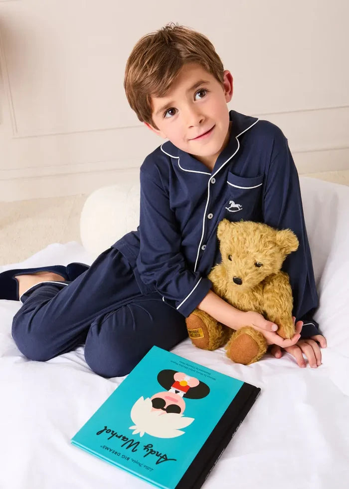 Rocking Horse Embroidered Pocket Detail Long Sleeve Pyjamas in Navy (18mths-10yrs) NIGHTWEAR from Pepa London