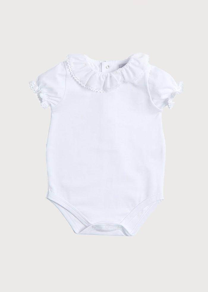 Ruffle Collar Lace Trim Cotton Bodysuit in White (1mths-3yrs) TOPS & BODYSUITS from Pepa London