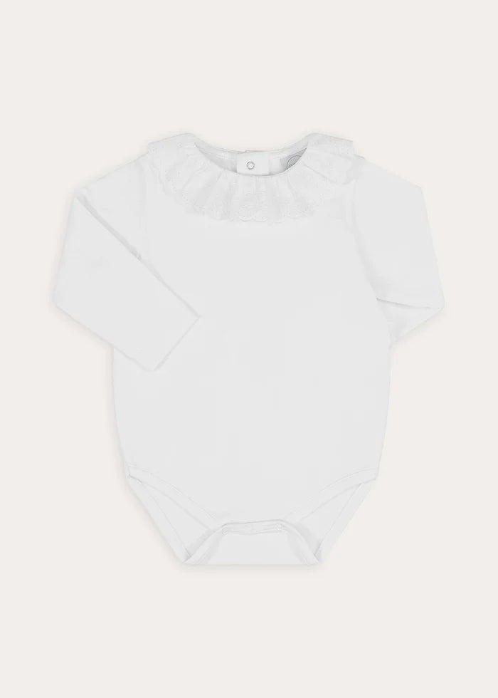 Ruffle Collar Long Sleeve Bodysuit in White (1mth-3yrs) Tops & Bodysuits from Pepa London