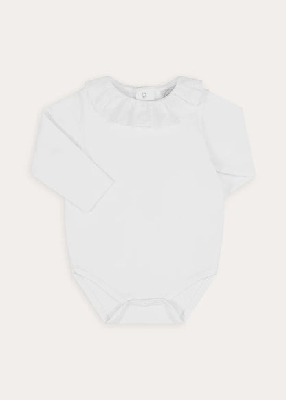 Ruffle Collar Long Sleeve Bodysuit in White (1mth-3yrs) Tops & Bodysuits from Pepa London