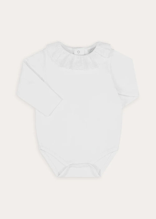Ruffle Collar Long Sleeve Bodysuit in White (1mth-3yrs) Tops & Bodysuits from Pepa London