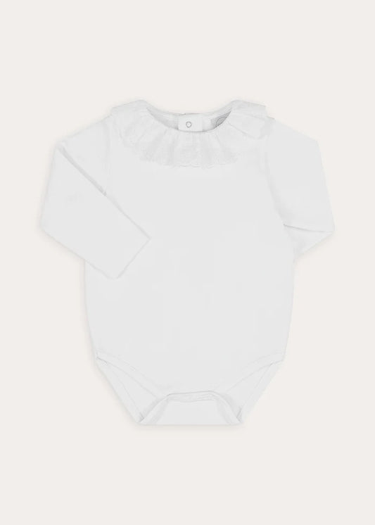 Ruffle Collar Long Sleeve Bodysuit in White (1mth-3yrs) Tops & Bodysuits from Pepa London