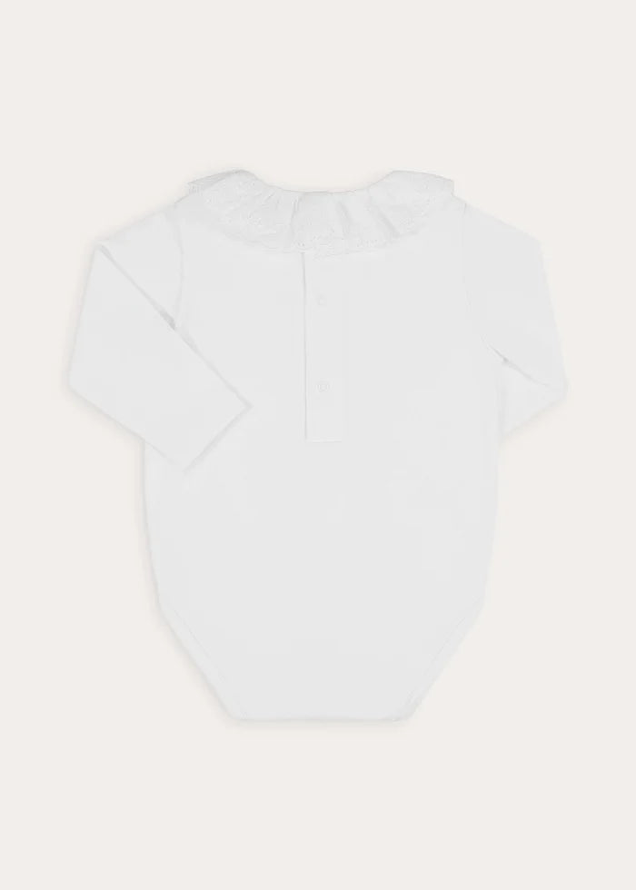 Ruffle Collar Long Sleeve Bodysuit in White (1mth-3yrs) Tops & Bodysuits from Pepa London